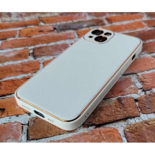 Чехол для iPhone 13, имитация кожи белый/золото усиленный, противоударный с защитой экрана и камеры