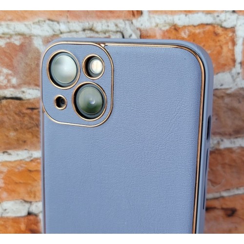 Чехол для iPhone 13, имитация кожи серый/золото усиленный, противоударный с защитой экрана и камеры