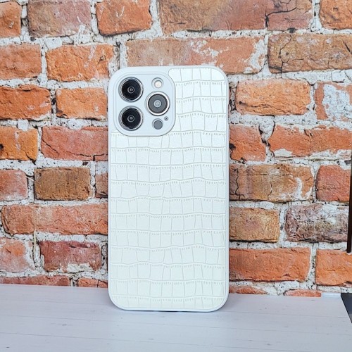 Чехол для iPhone 14 MAX PRO, имитация кожи, белый, противоударный с защитой экрана/камеры