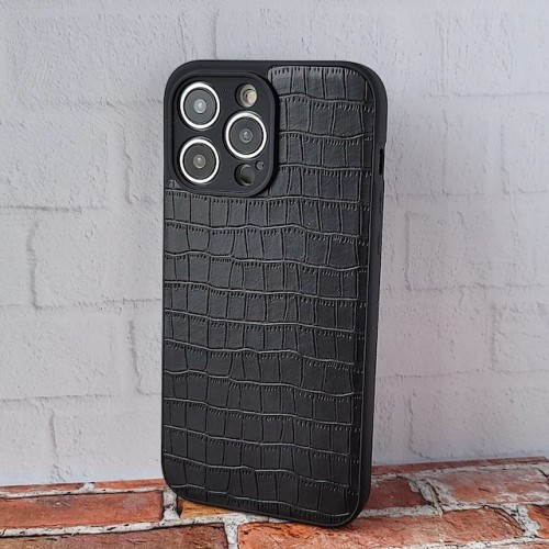 Чехол для iPhone 14 MAX PRO, имитация кожи, черный, противоударный с защитой экрана/камеры