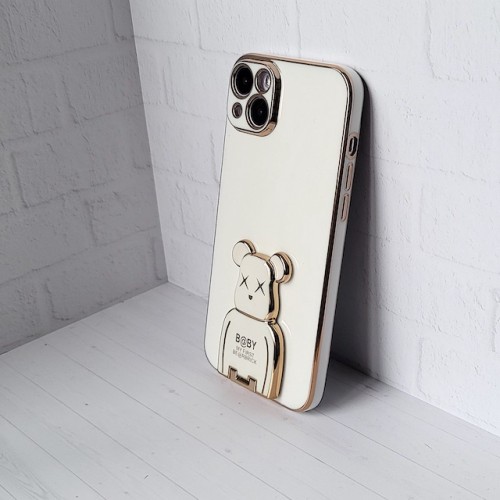 Чехол для iPhone 14 PLUS, KAWS, белый/золото усиленный, противоударный с защитой экрана и камеры