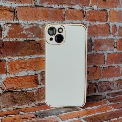 Чехол для iPhone 13, имитация кожи белый/золото усиленный, противоударный с защитой экрана и камеры