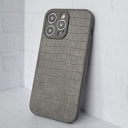 Чехол для iPhone 14 MAX PRO, имитация кожи, серый, противоударный с защитой экрана/камеры