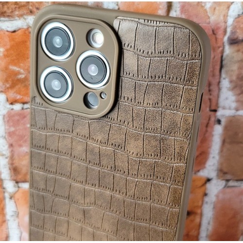 Чехол для iPhone 14 MAX PRO, имитация кожи, темно-коричневый, противоударный с защитой экрана/камеры