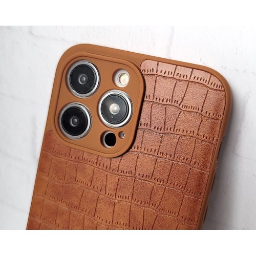 Чехол для iPhone 14 MAX PRO, имитация кожи, светл-коричневый, противоударный с защитой экрана/камеры