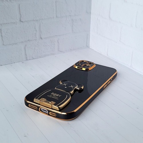 Чехол для iPhone 14 PLUS, KAWS, черный/золото усиленный, противоударный с защитой экрана и камеры