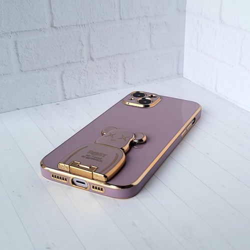 Чехол для iPhone 14 PLUS, KAWS, фиолетовы/золото усиленный, противоударный с защитой экрана и камеры