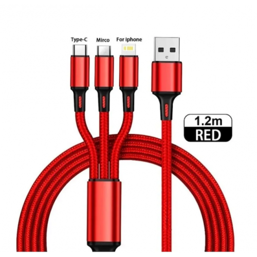 Зарядный провод 3 в 1 (Lightning, Micro, USB, Type C), 1.2 метра, Iphone, Android, Красный