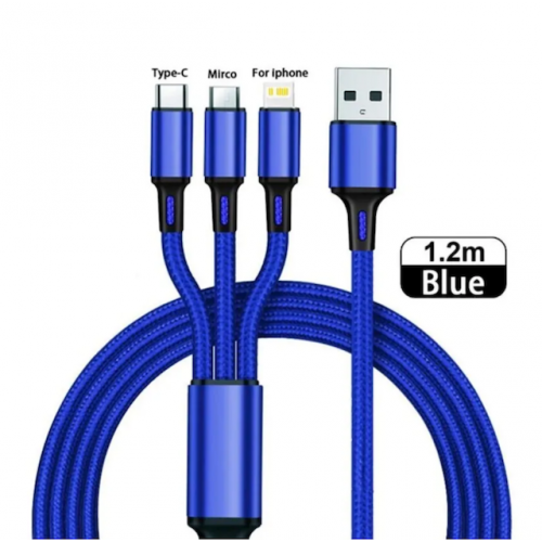 Зарядный провод 3 в 1 (Lightning, Micro, USB, Type C), метра1.2 , Iphone, Android, Синий